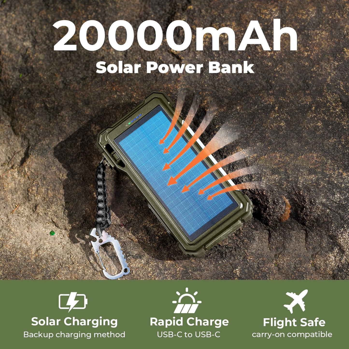 20000mAh Solar Power Bank with Built-In Cables