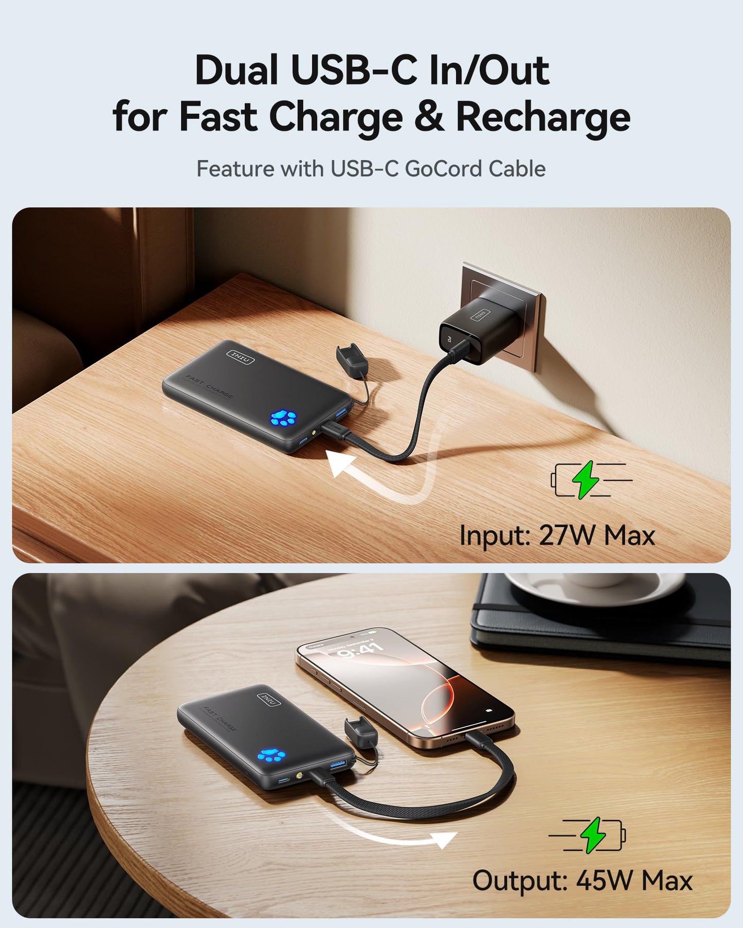 INIU Portable Charger, Ultra Slim 45W Fast Charging with Attached USB C Cable