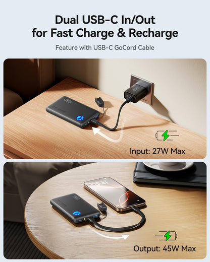 INIU Portable Charger, Ultra Slim 45W Fast Charging with Attached USB C Cable