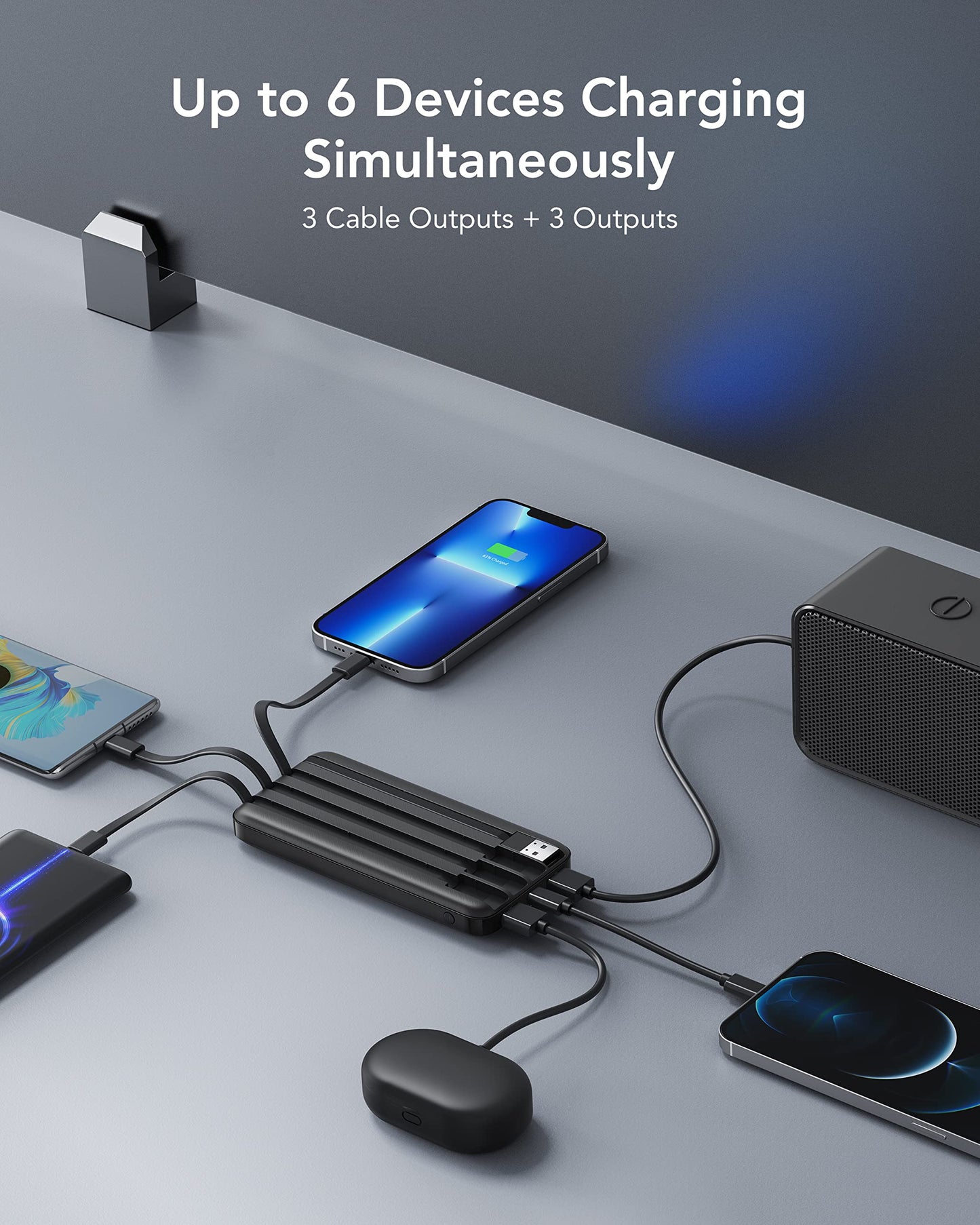 Slim 10000mAh Power Bank with Built-in Cables