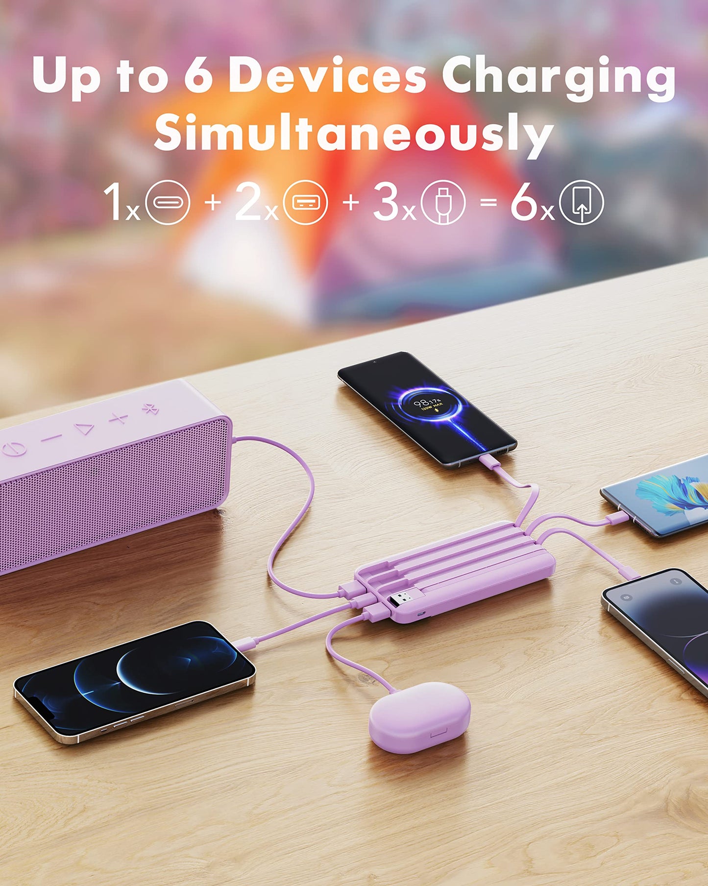 Slim 10000mAh Power Bank with Built-in Cables