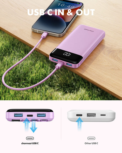Slim 10000mAh Power Bank with Built-in Cables