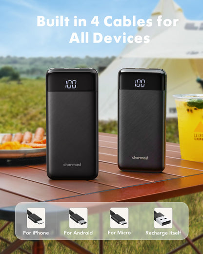 Slim 10000mAh Power Bank with Built-in Cables
