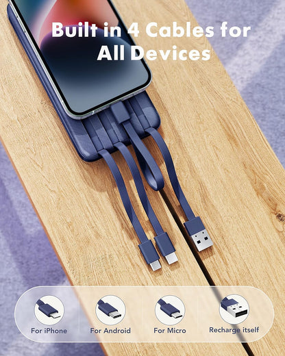 Slim 10000mAh Power Bank with Built-in Cables