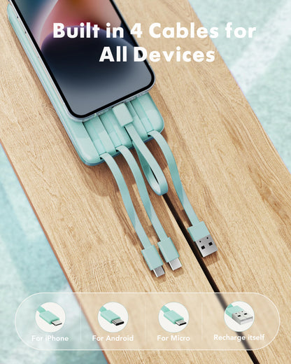 Slim 10000mAh Power Bank with Built-in Cables