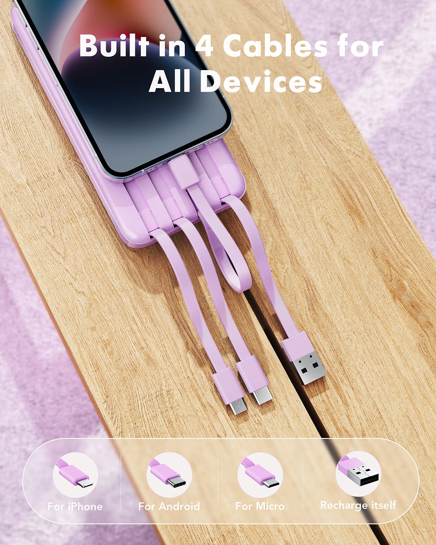 Slim 10000mAh Power Bank with Built-in Cables